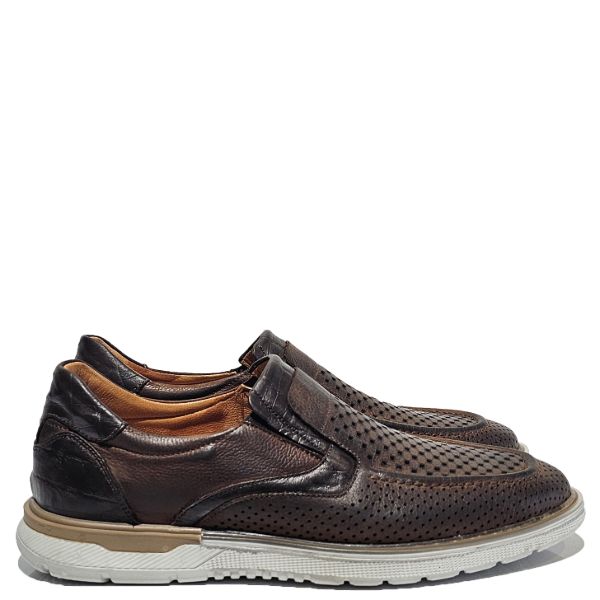 Brown leather perforated slip-ons