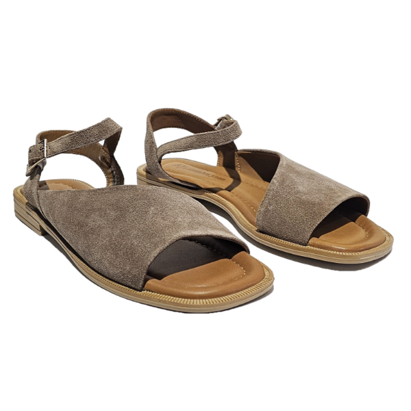 Flat Open Toe Sandals in Greige suede