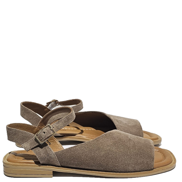Flat Open Toe Sandals in Greige suede