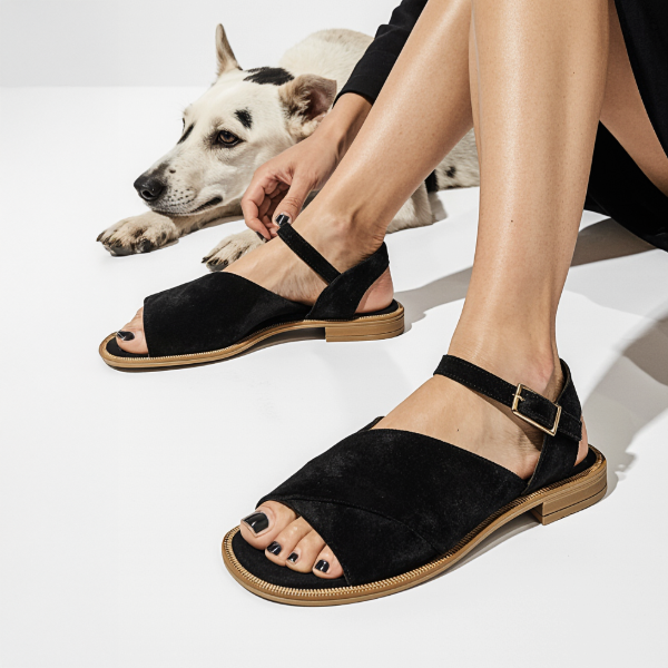 Flat Open Toe Sandals in black suede