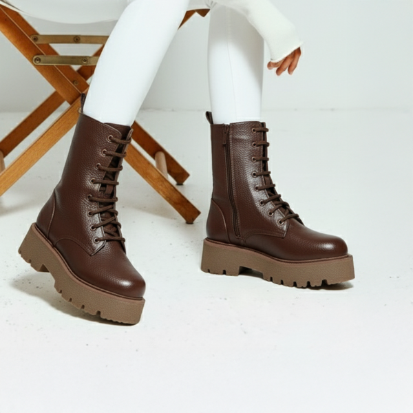 Brown grained leather combat boots