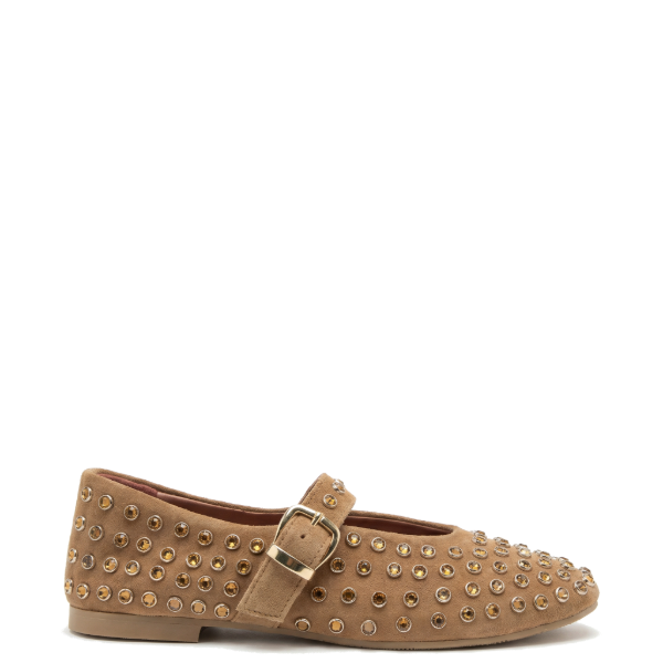 Ballet Flats in Tan suede studded all over with genuine 4mm Swarovski® Topaz stones