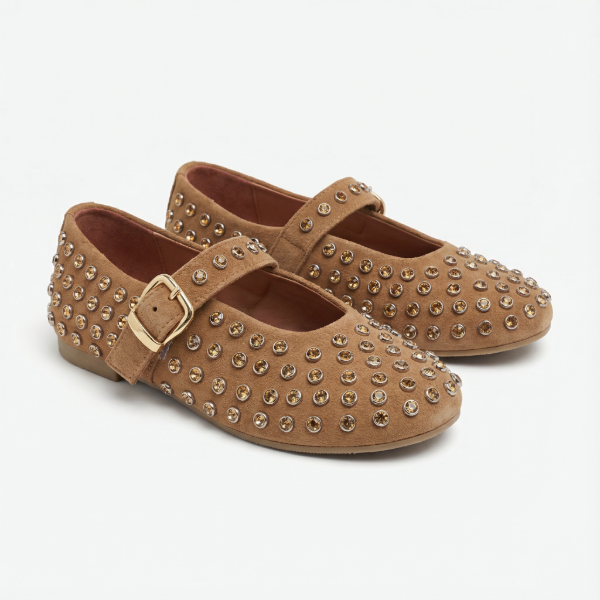 Ballet Flats in Tan suede studded all over with genuine 4mm Swarovski® Topaz stones